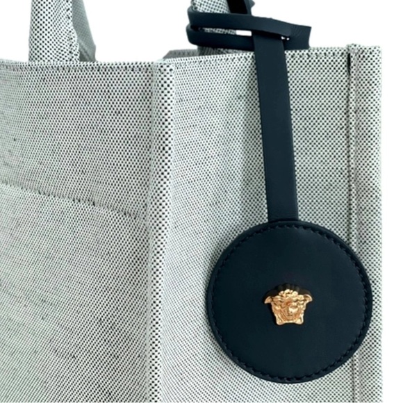 Versace Beige Canvas Tote Bag with Studded Logo Medusa Charm Unisex Shoulder Bag - Picture 5 of 16